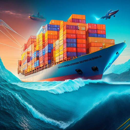 A stylized illustration of a cargo ship navigating through a sea of screens, with packages and boxes floating around, surrounded by swirling lines and arrows, conveying a sense of dynamic movement.