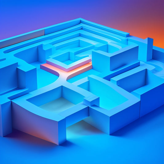 A minimalist illustration featuring a stylized, elevated maze with glowing pathways and a subtle ladder in the center, set against a warm, gradient blue background, symbolizing strategic growth and ascension.