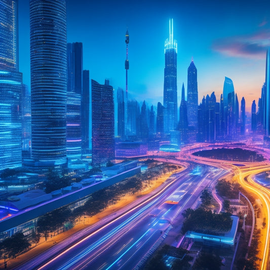 A futuristic cityscape with sleek, neon-lit skyscrapers, bustling with holographic advertisements and 3D projections of e-commerce icons, such as shopping carts and credit cards, swirling around a central hub.
