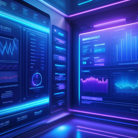 A futuristic, high-tech dashboard with glowing blue circuits, surrounded by floating 3D graphs and charts, displaying fraud patterns and trends, set against a dark, gradient background.