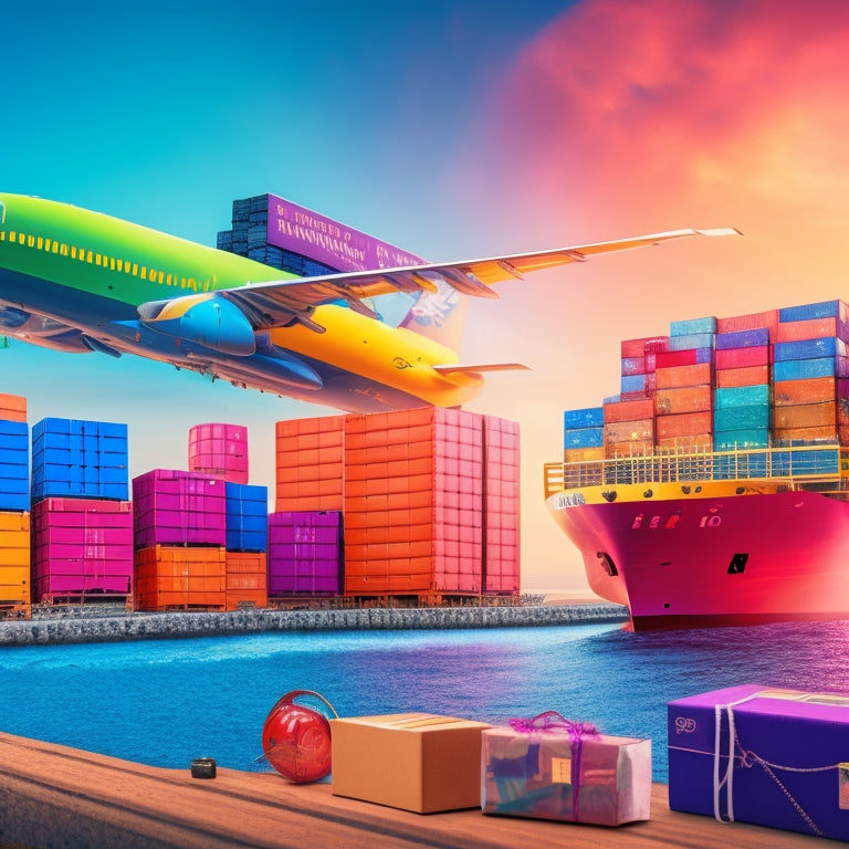 An illustration of a cargo ship in the background, with various colorful packages of different sizes and shapes floating upwards, connected by dashed lines to a laptop and a globe in the foreground.