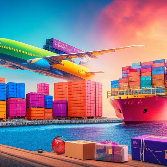 An illustration of a cargo ship in the background, with various colorful packages of different sizes and shapes floating upwards, connected by dashed lines to a laptop and a globe in the foreground.