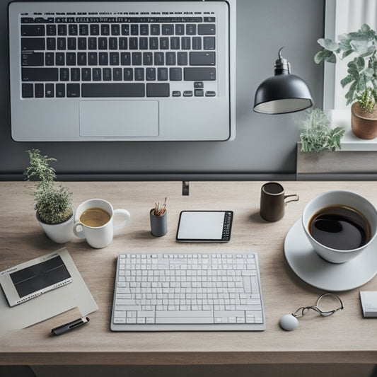 A modern, minimalist desk with a sleek laptop, a cup of coffee, and a few scattered design books, surrounded by a subtle grid of squarespace templates and coding lines in the background.
