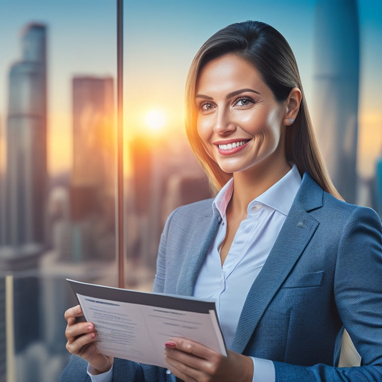 A professional, smiling businesswoman in a modern office, surrounded by e-commerce icons, holding a certificate with a subtle glow, standing in front of a cityscape background with a rising graph.