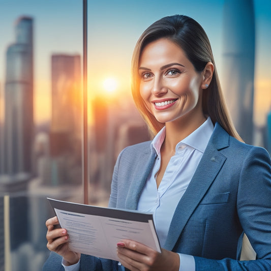 A professional, smiling businesswoman in a modern office, surrounded by e-commerce icons, holding a certificate with a subtle glow, standing in front of a cityscape background with a rising graph.