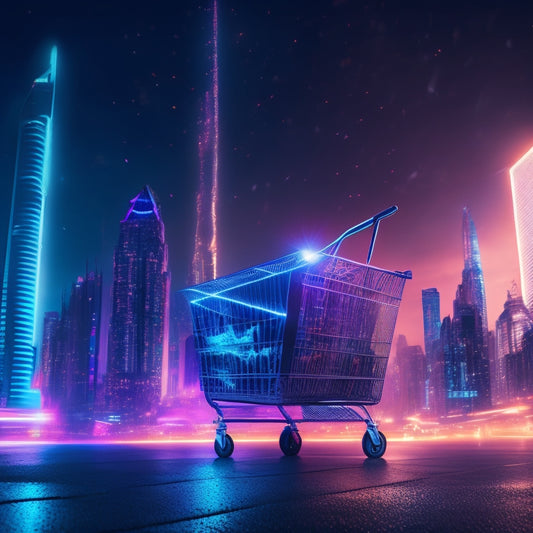 Illustrate a futuristic, neon-lit cityscape with sleek skyscrapers and a giant, glowing shopping cart hovering above, surrounded by orbiting digital icons and streamlined product packaging.