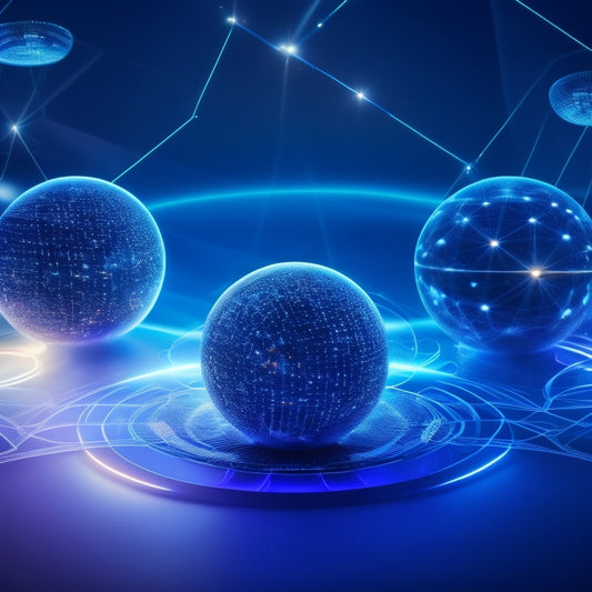 A futuristic, sleek illustration of interconnected devices (smartphones, laptops, tablets) orbiting a central hub, with glowing blue lines and circles representing digital product distribution networks.