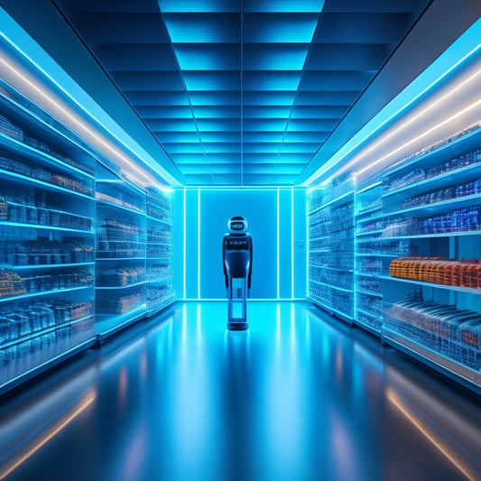 An futuristic ecommerce store interior with sleek, minimalist shelves and a giant, glowing chatbot face on a holographic screen, surrounded by swirling code patterns and orbiting shopping carts.