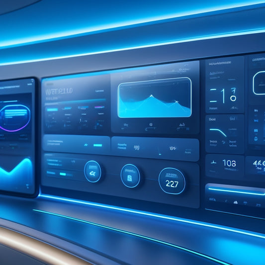 A futuristic dashboard with sleek, curved lines and neon blue accents, featuring a central grid of product tiles with hover effects, surrounded by minimalist navigation icons and a subtle gradient background.