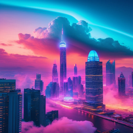 A stylized, futuristic cityscape with sleek skyscrapers and neon lights, featuring a large, glowing commerce cloud hovering above, radiating vibrant, pulsing lines that connect to various buildings.