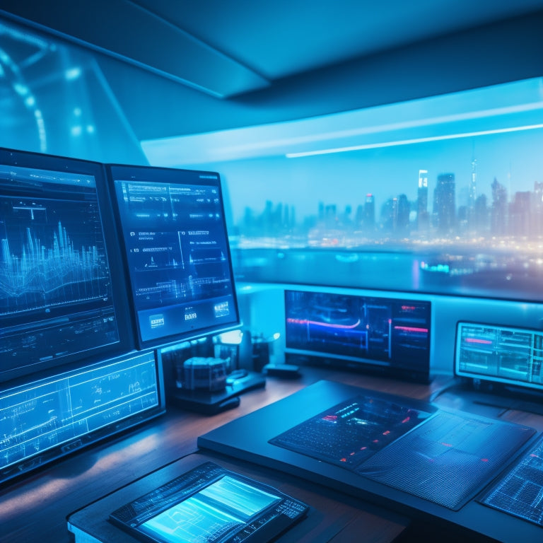 A futuristic dashboard with glowing blue lines and neon lights, featuring various digital gauges, meters, and charts, surrounded by scattered laptop screens and smartphones, with a subtle cityscape background.