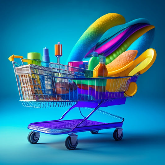 An abstract composition featuring a stylized ecommerce shopping cart overflowing with vibrant, swirling shapes and patterns, surrounded by miniature graphs, charts, and analytics symbols.