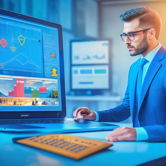 An illustration of a salesperson standing in front of a laptop, with puzzle pieces fitting together around them, surrounded by icons of e-learning modules, graphs, and rising sales charts in the background.