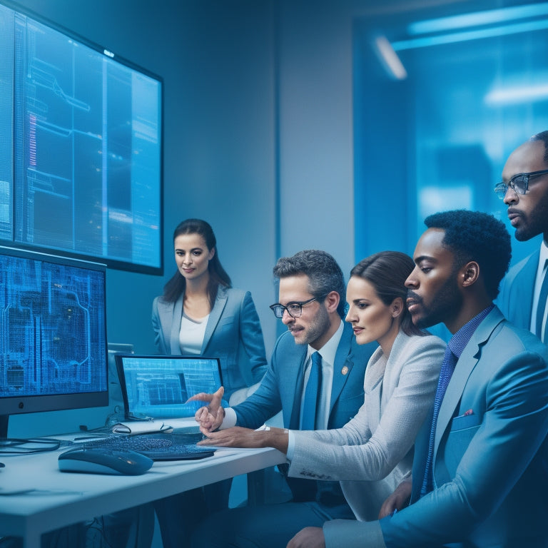 A futuristic, high-tech background with glowing blue circuits and wires, a large, sleek computer monitor displaying a coding screen, and a group of diverse, smiling technicians gathered around a desk, collaborating and troubleshooting.