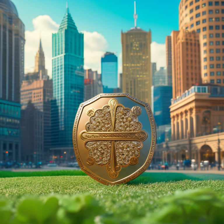 A medieval-style shield with a four-leaf clover emblem in the center, surrounded by a circle of crossed credit cards, with a subtle cityscape in the background featuring skyscrapers and blurred pedestrians.