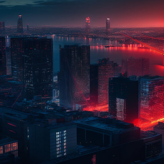 A dark, gritty cityscape at dusk with a faint glow of computer screens in the windows, surrounded by a web of red strings and nodes, with a strong, bold, and sleek shield in the foreground.