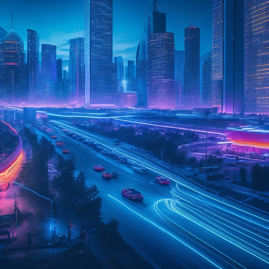 A futuristic, neon-lit cityscape with sleek skyscrapers and wires connecting them, surrounded by orbiting shopping carts, laptops, and mobile devices, all emitting bright, pulsing lights.