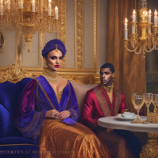 A regal, velvet-draped backdrop with ornate gold frames, adorned with lavish fabrics, avant-garde accessories, and exquisite models showcasing J. Peterman's latest fashion masterpieces, bathed in soft, warm, golden lighting.
