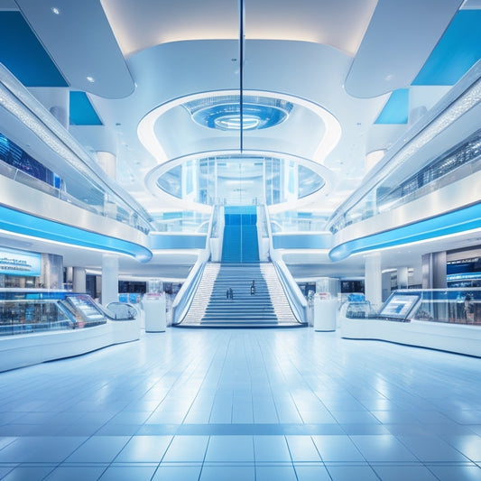 A futuristic shopping mall with sleek, silver handrails and gleaming white floors, featuring a massive, glowing blueprint hovering above the central atrium, surrounded by 3D security cameras and robots.