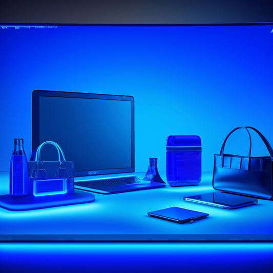 A futuristic online shopping interface with sleek, minimalist templates on a large screen, surrounded by floating 3D shopping bags, laptops, and smartphones, set against a dark blue neon-lit background.