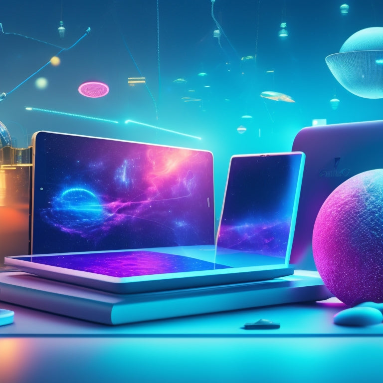 A futuristic, minimalist background with a large, glowing catalog hovering above a tablet, surrounded by orbiting products with pulsing, colorful outlines, radiating connections and subtle animations.