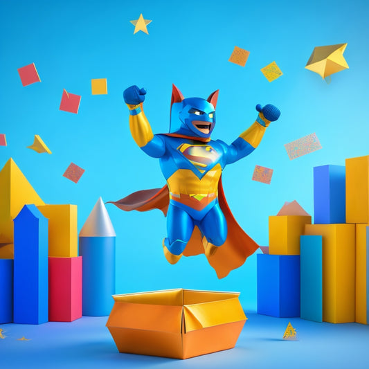 A vibrant, 3D illustration of a smiling, anthropomorphic Amazon box with a superhero cape, standing on a rising graph line, surrounded by confetti and soaring arrows, against a bright blue background.
