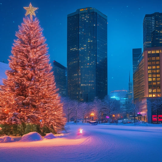 A festive, snowy cityscape at dusk, with bright, colorful lights and decorations adorning skyscrapers, interspersed with sleek, modern marketing graphics and analytics symbols, surrounded by gifts and holly.