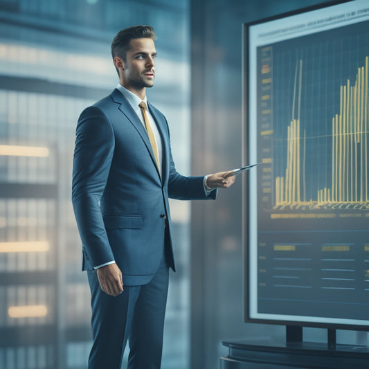 An illustration of a business person standing in front of a large, glowing checklist on a digital screen, with checkboxes and arrows pointing to a rising bar graph in the background.