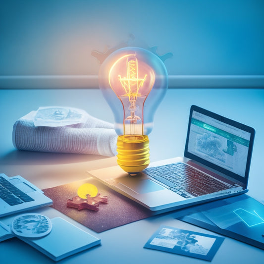 A stylized illustration of a person standing in front of a laptop, surrounded by puzzle pieces fitting together, with a lightbulb moment above their head, surrounded by a subtle background of dollar signs and growth charts.