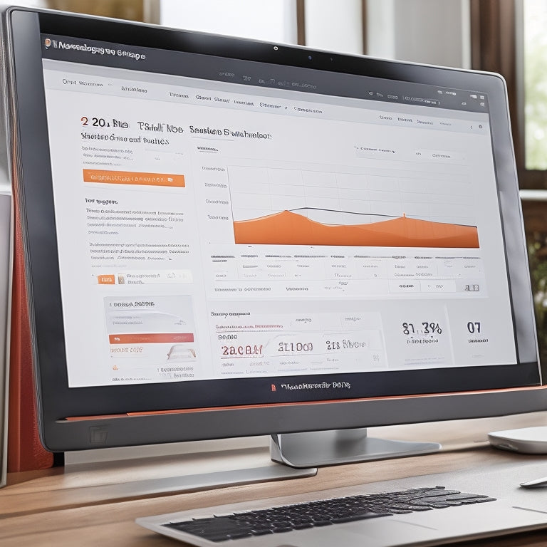 A laptop screen displaying a Magento 2 dashboard, with a cursor hovering over the "Downloadable Products" tab, surrounded by icons and graphs indicating increased sales and revenue.