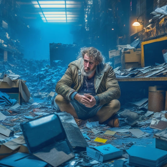 A frazzled merchant, surrounded by broken laptops and shattered smartphones, sits amidst a chaotic backdrop of torn packaging, scattered receipts, and angry customer silhouettes in the shadows.