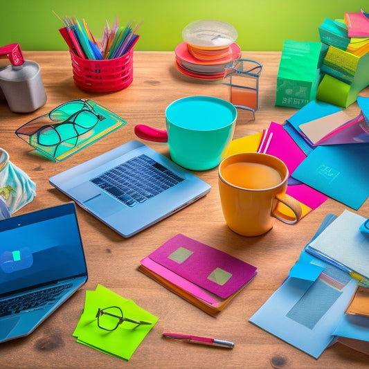 A cluttered desk with a laptop, notebooks, and scattered papers, surrounded by e-commerce icons (shopping carts, credit cards, etc.) and colorful sticky notes, with a coffee cup and a pair of glasses in the background.