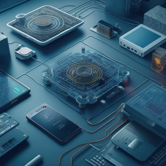 A futuristic, minimalist illustration of interconnected gears, wires, and circuits forming a cohesive network, surrounded by laptops, tablets, and smartphones in a subtle grid pattern.