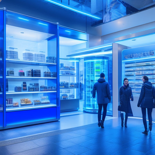 A futuristic retail store with shelves stocked with virtual reality headsets, holographic product displays, and self-service kiosks, surrounded by a blurred cityscape with masked pedestrians walking by.