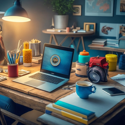 A stylized illustration of a person sitting at a desk, surrounded by crafting tools, laptops, and online course materials, with a subtle ecommerce store display in the background, blending creativity and technology.