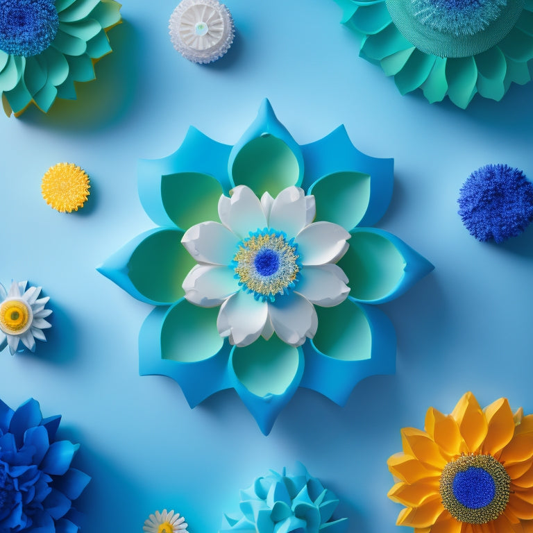 An abstract representation of a business evolving, featuring a 3D puzzle transforming into a blooming flower, surrounded by swirling arrows and orbiting gears, set against a gradient blue and green background.