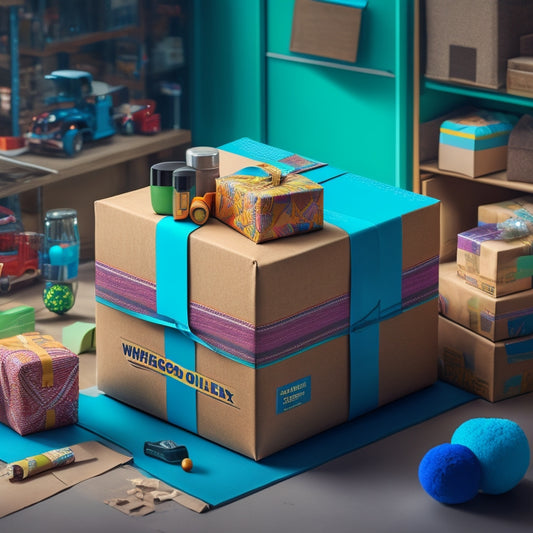 A colorful illustration featuring a smiling Amazon box with a wrapping paper unwrapping from its top, revealing a miniature warehouse with shelves stacked with various products.