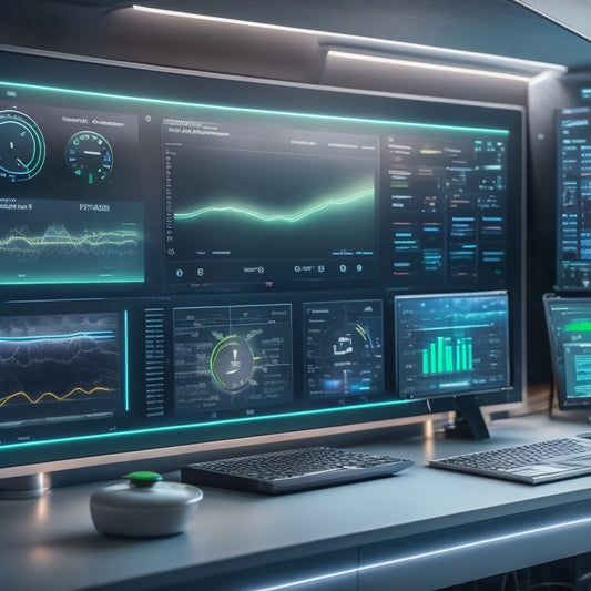 A futuristic dashboard with interconnected gears, robots, and screens displaying charts, graphs, and notifications, surrounded by online course materials and laptops, with a subtle background of coding lines and circuit boards.
