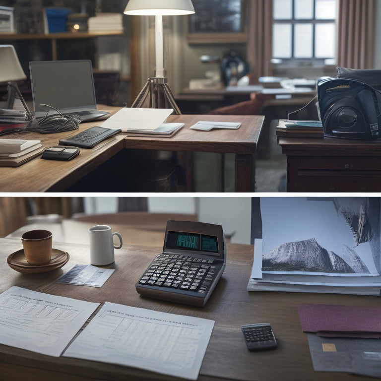 A split-screen image featuring a merchant's desk with a messy stack of papers and a calculator on one side, contrasted with a tidy, organized workspace with a laptop and a single, neatly filed document on the other.