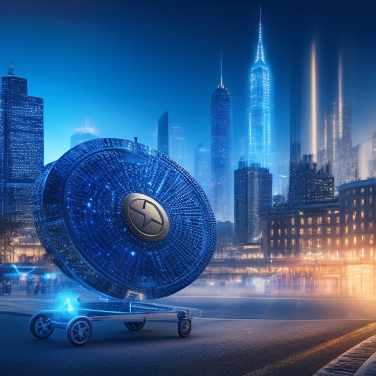 A futuristic online store illustration with a shield icon protecting a speedy shopping cart, surrounded by coding symbols and a cityscape in the background, conveying security and speed.