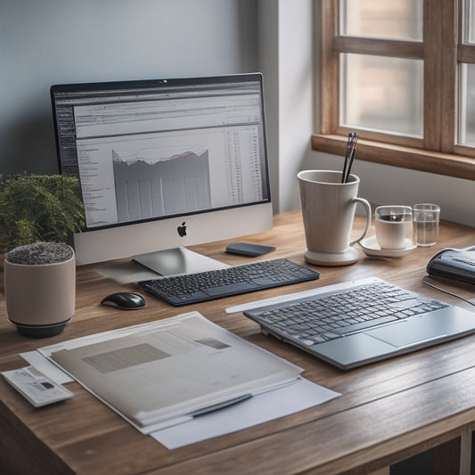 A professional desk with a tidy workspace, featuring a laptop, a calculator, and a stack of organized files, surrounded by a subtle background of financial charts and graphs.
