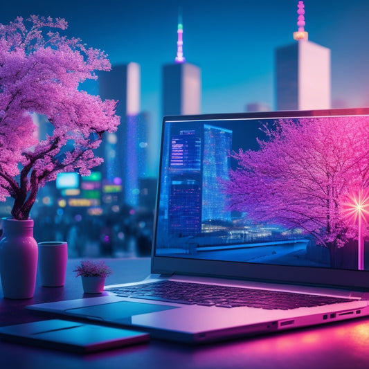 A stylized illustration of a cherry blossom tree growing out of a laptop, with screens displaying rising sales charts and online shopping icons, set against a backdrop of Tokyo's neon-lit cityscape.