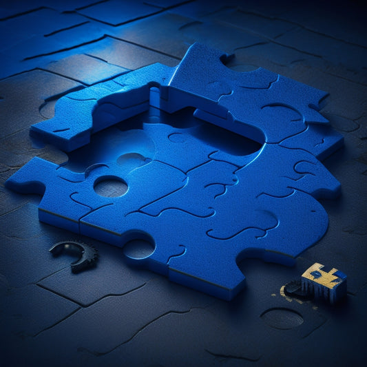 A cracked puzzle piece with a question mark hovering above, surrounded by scattered digital files and broken gears, set against a dark blue background with faint warning signs and caution tape.