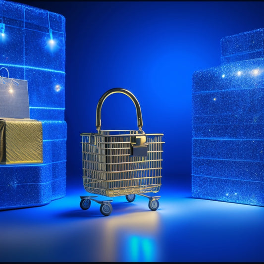A golden key unlocking a virtual storefront, surrounded by various ecommerce icons like shopping carts, bags, and credit cards, set against a dark blue background with subtle holiday lights.
