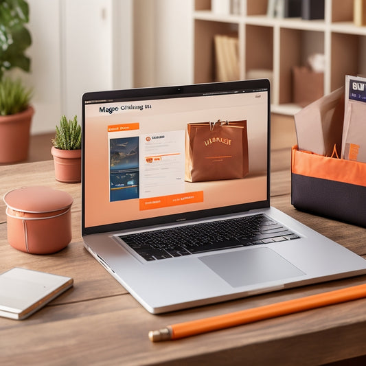 An illustration of a laptop displaying a Magento dashboard, surrounded by digital goods such as ebooks, software boxes, and virtual products, with shopping bags and money symbols in the background.