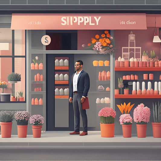 A stylized illustration of a small business owner standing in front of a blooming flower shop, with Shopify 2.0 icons and coding lines surrounding them, symbolizing growth and success.