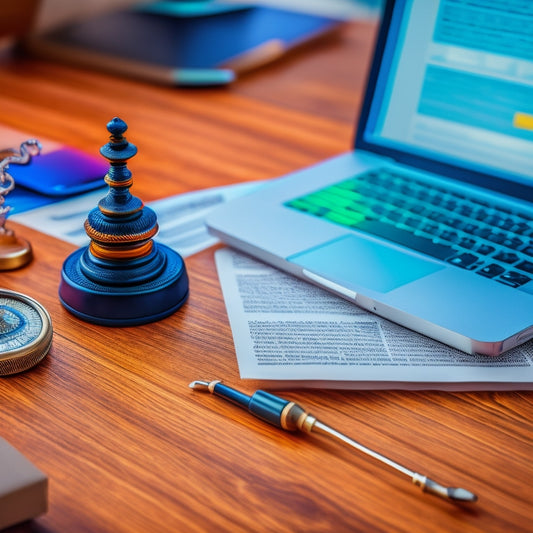 A magnifying glass hovers above a laptop keyboard, with a faint ecommerce website background, surrounded by scattered papers, pens, and a miniature scales of justice figurine.