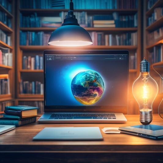 A glowing lightbulb surrounded by various laptop and tablet screens displaying diverse online course interfaces, amidst a subtle background of bookshelves and a faint world map.