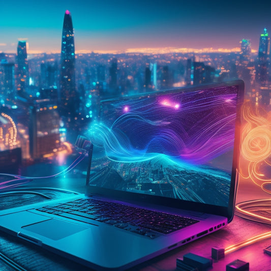 An illustration of a laptop and smartphone surrounded by swirling arrows, connecting nodes, and glowing circuits, conveying speed, efficiency, and global connectivity in a vibrant, neon-lit cityscape.