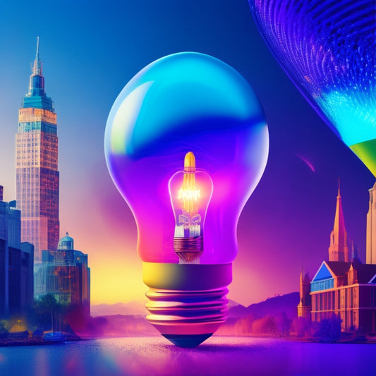 A vibrant, abstract illustration featuring a stylized lightbulb surrounded by swirling shapes and colors, with a subtle cityscape in the background, conveying innovation and creativity.